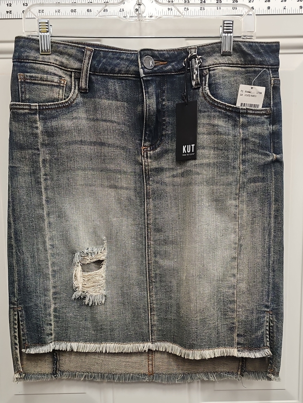 Kut from the Kloth Faded Blue Distressed Midi Denim Skirt